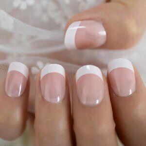 24 short French mani press on Nails white tip pink rounded